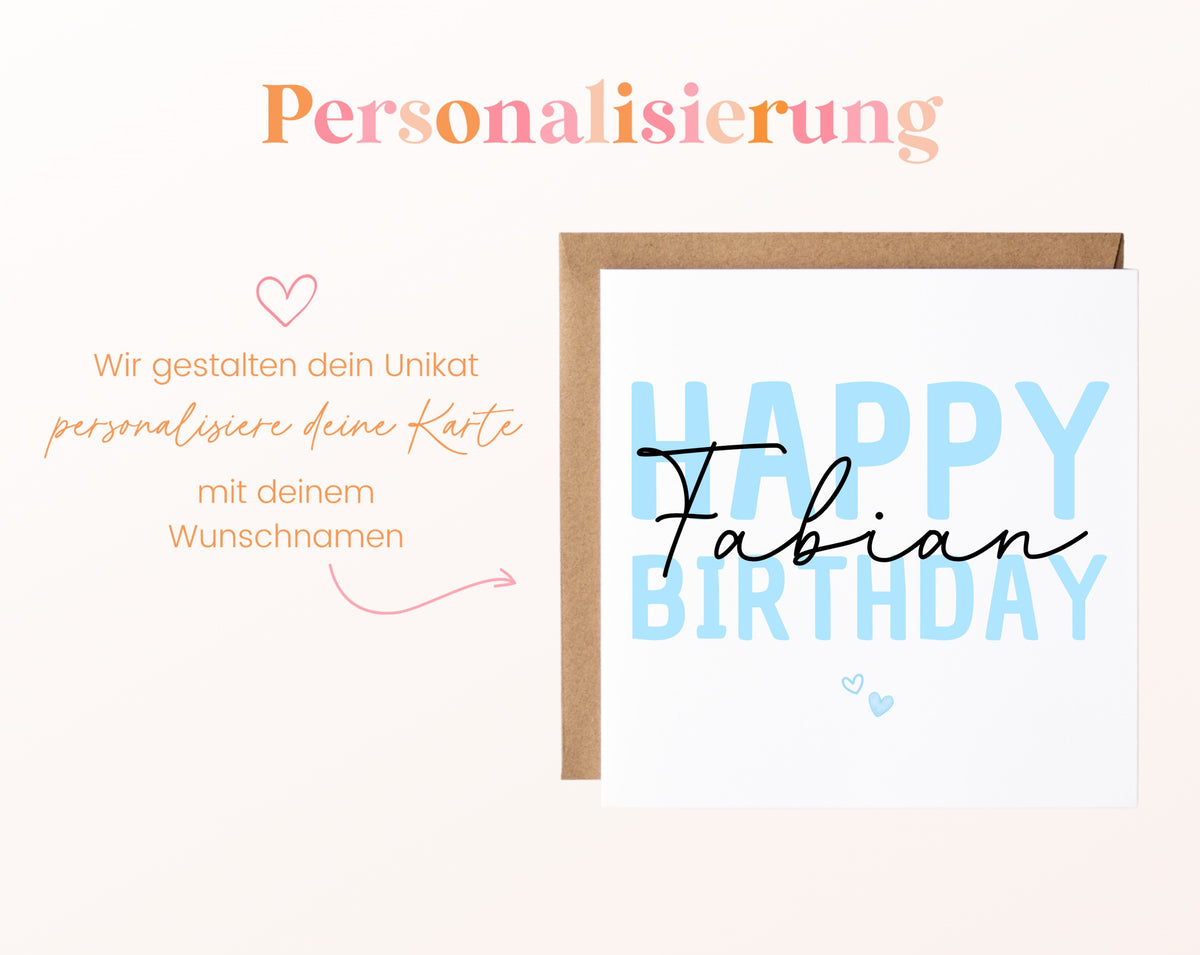 Personalisierte Happy Birthday Karte – Blau – Maße und Produktinformationen