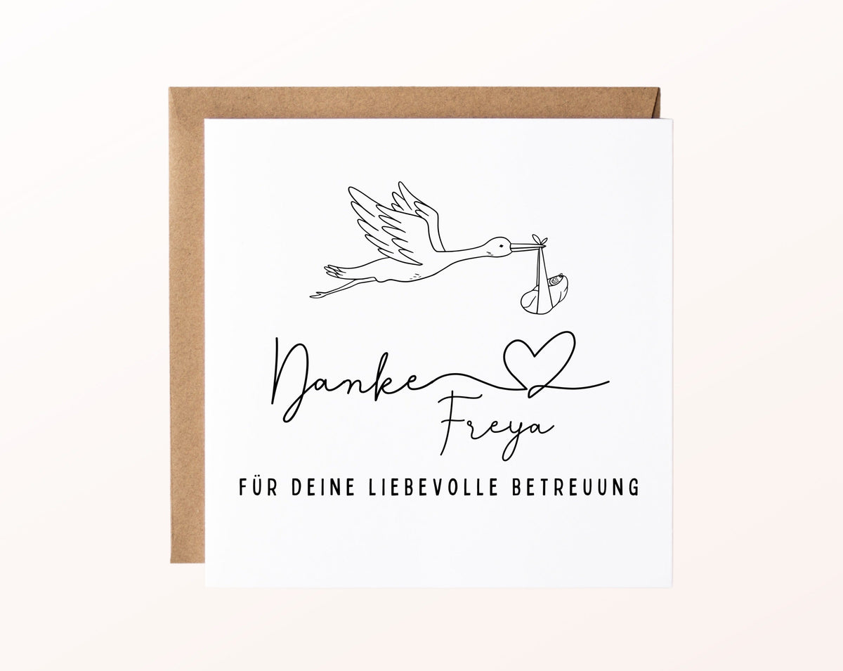 Karte mit Umschlag – Danke für deine liebevolle Betreuung – Storch mit Wunschname