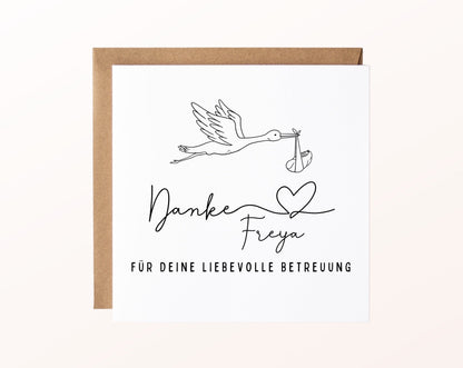 Karte mit Umschlag – Danke für deine liebevolle Betreuung – Storch mit Wunschname