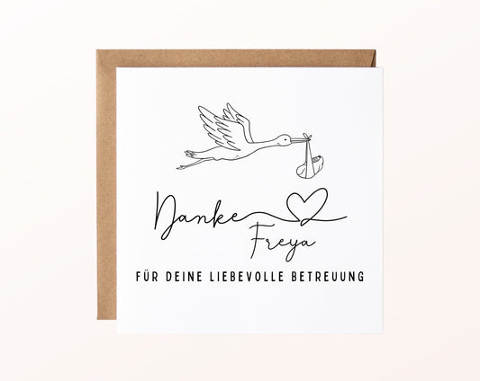 Karte mit Umschlag – Danke für deine liebevolle Betreuung – Storch mit Wunschname