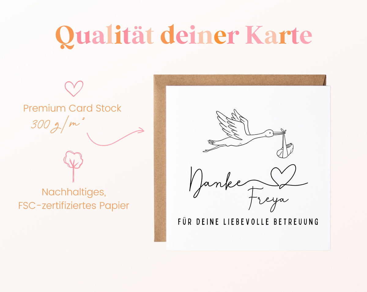 Qualität – Danke für deine liebevolle Betreuung – Storch mit Wunschname
