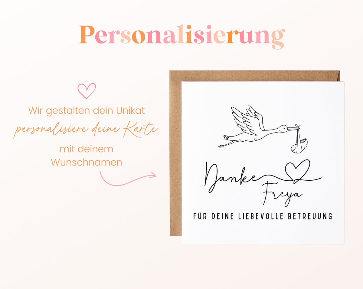 Personalisierung – Danke für deine liebevolle Betreuung – Storch mit Wunschname