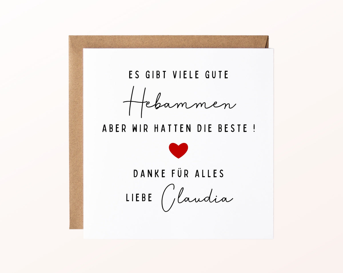 Karte mit Umschlag – Es gibt viele gute Hebammen – Dankeskarte mit Wunschname