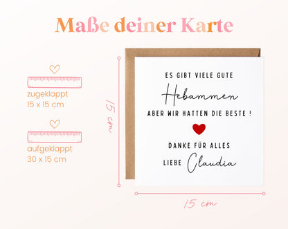 Maße – Es gibt viele gute Hebammen – Dankeskarte mit Wunschname