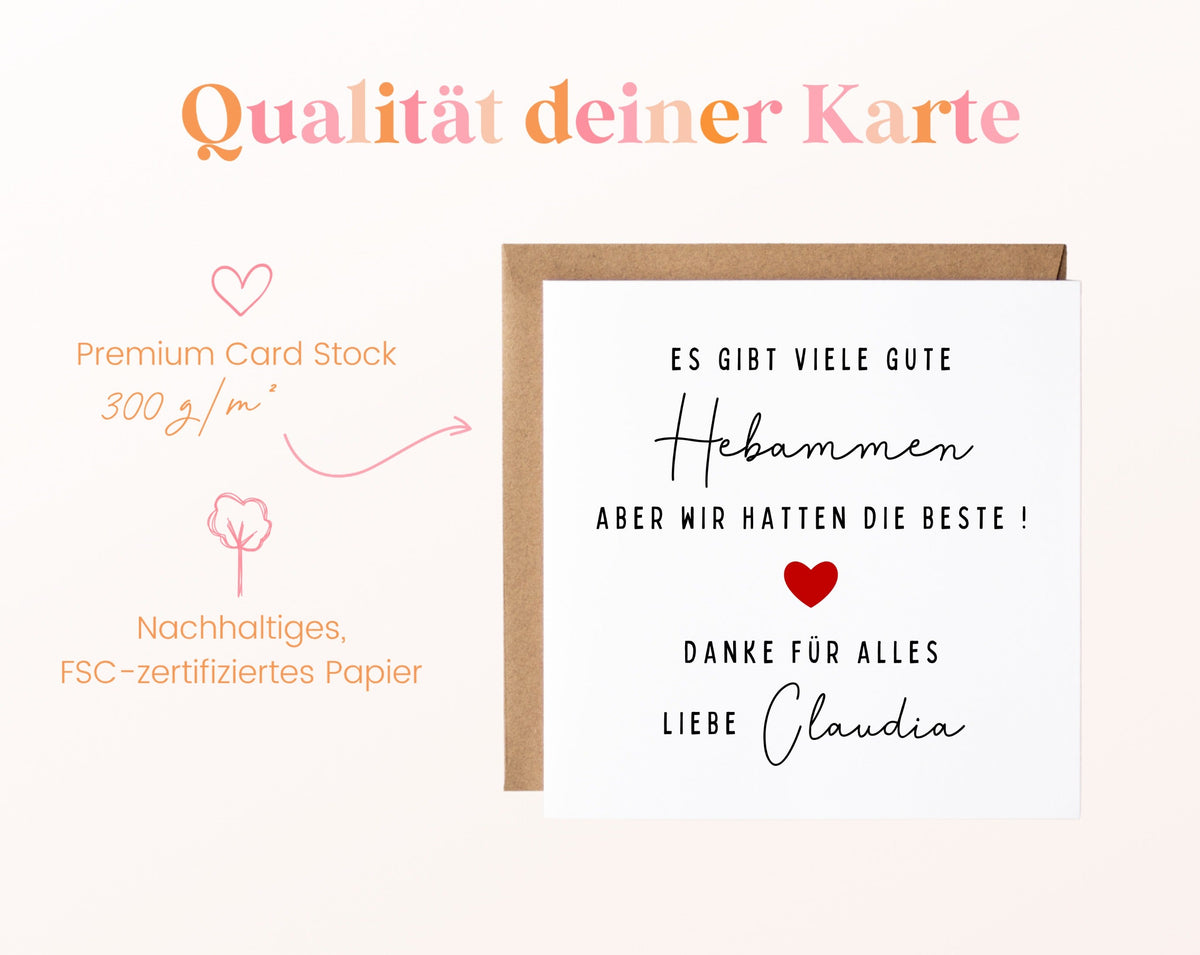 Qualität – Es gibt viele gute Hebammen – Dankeskarte mit Wunschname
