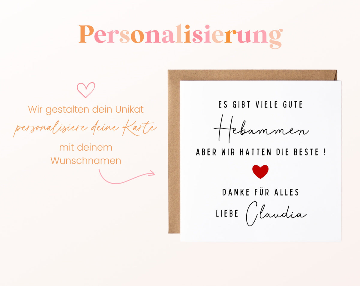 Personalisierung – Es gibt viele gute Hebammen – Dankeskarte mit Wunschname