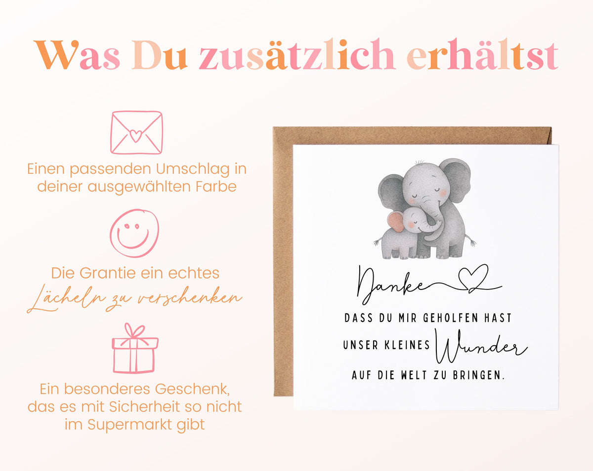 Zusätzliche Informationen – Danke für unser kleines Wunder – Elefantenkarte für die Hebamme