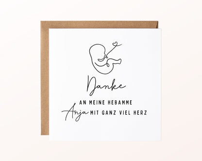 Karte mit Umschlag – Danke an meine Hebamme mit ganz viel Herz – Wunschname