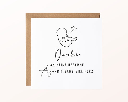 Karte mit Umschlag – Danke an meine Hebamme mit ganz viel Herz – Wunschname