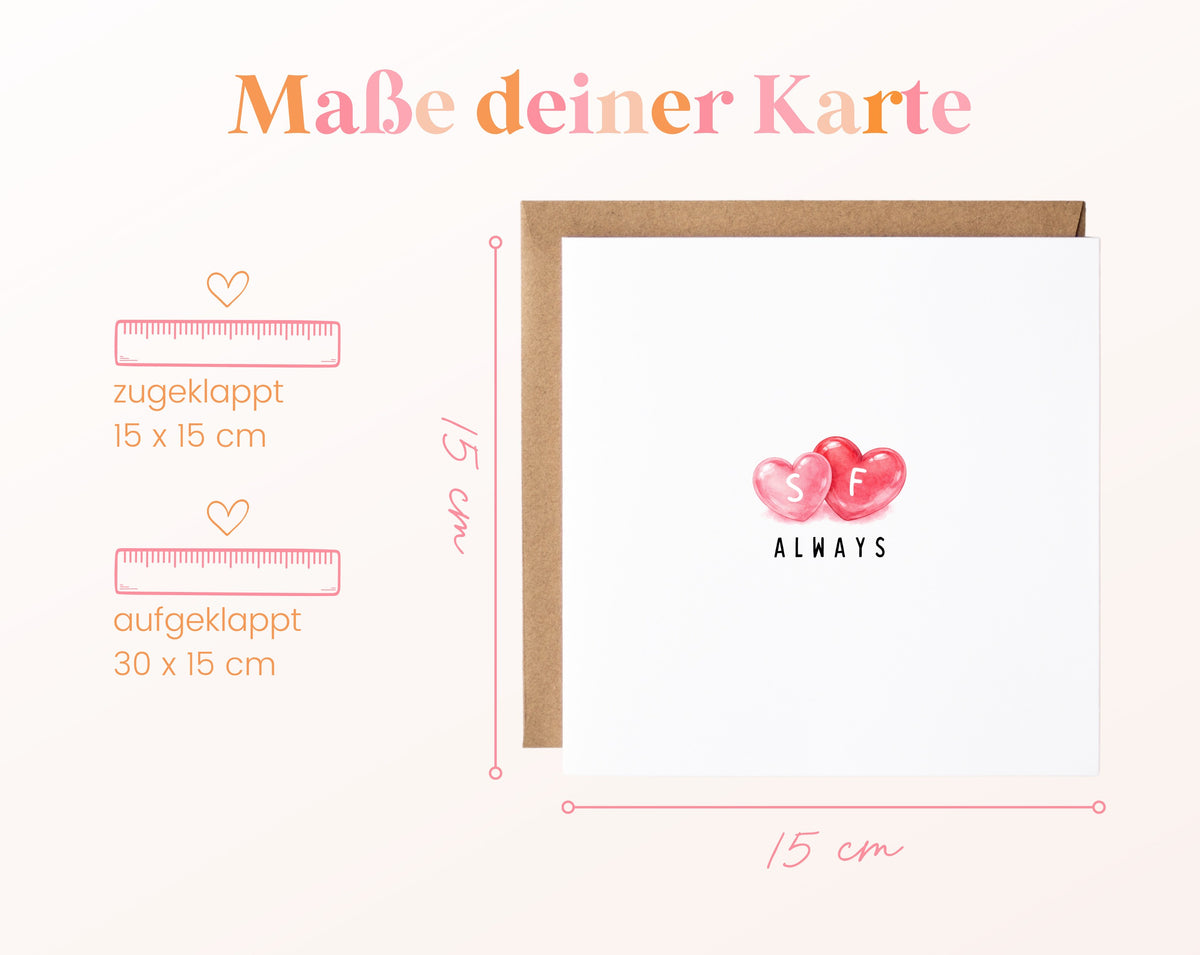Always Herzkarte mit Initialen – Maße der Klappkarte