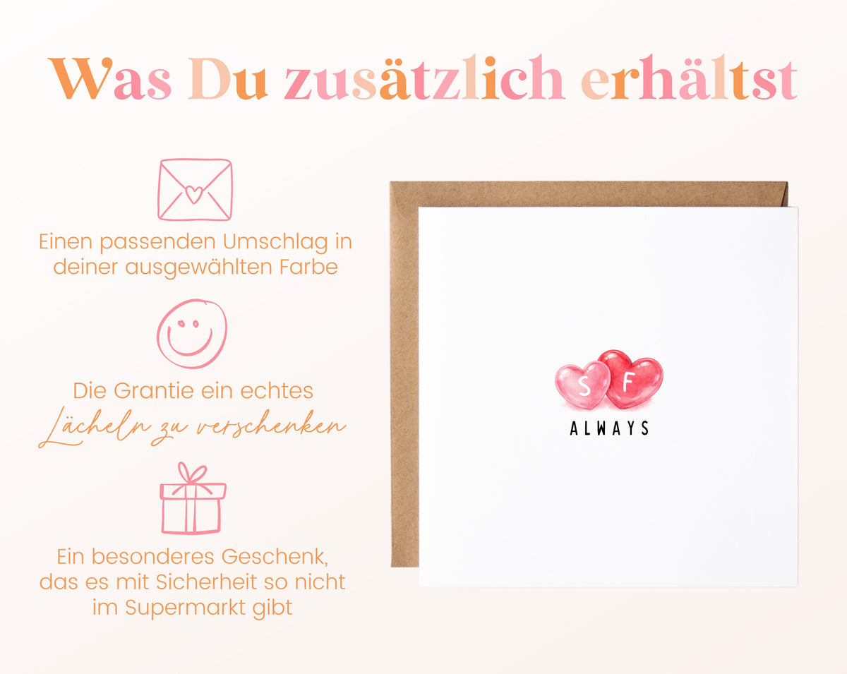Always Herzkarte mit Initialen – Umschlag und Lieferumfang