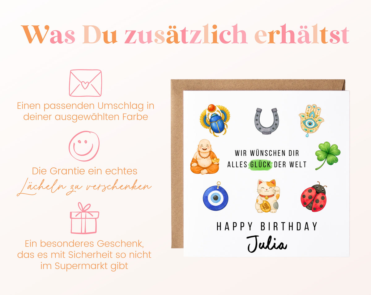 Alles Glück der Welt Geburtstagskarte – Umschlag und Lieferumfang