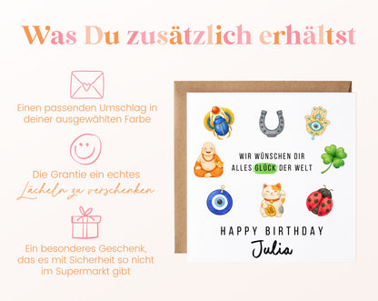 Alles Glück der Welt Geburtstagskarte – Umschlag und Lieferumfang
