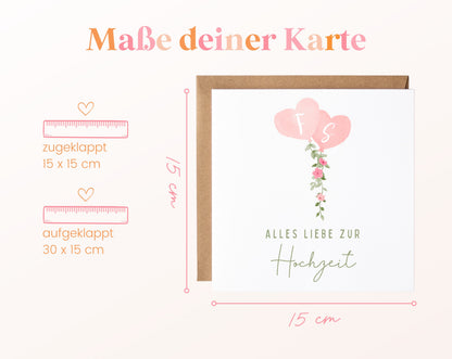 Maße der quadratischen Hochzeitskarte: geschlossen 15 × 15 cm