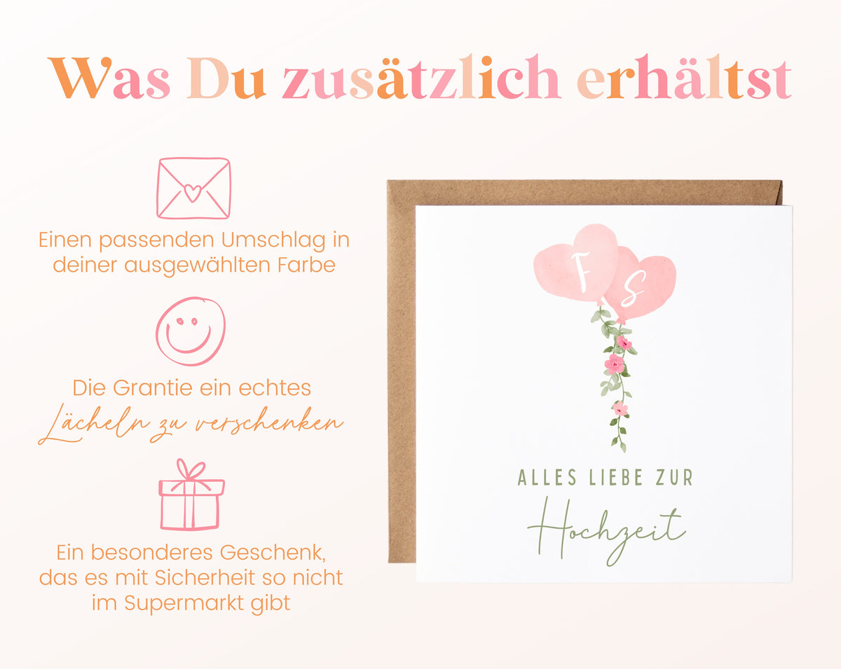 Zusätzliche Ansicht der Hochzeitskarte mit Herzballons