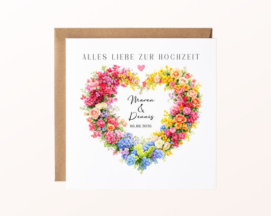 Personalisierte Hochzeitskarte mit buntem Blumenherz, Namen und Datum