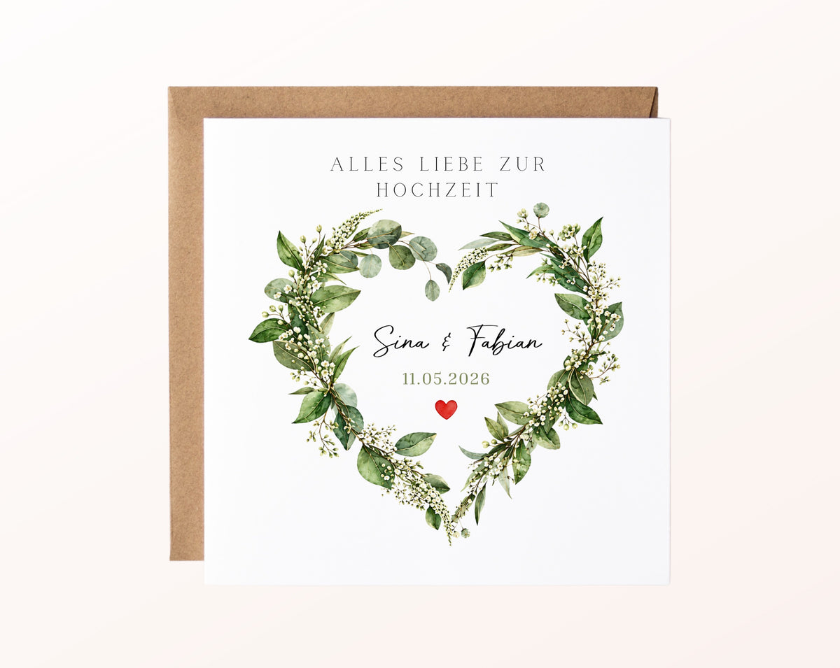 Hochzeitskarte mit Eukalyptusherz, rotem Herz und den Beispielnamen Sina und Fabian