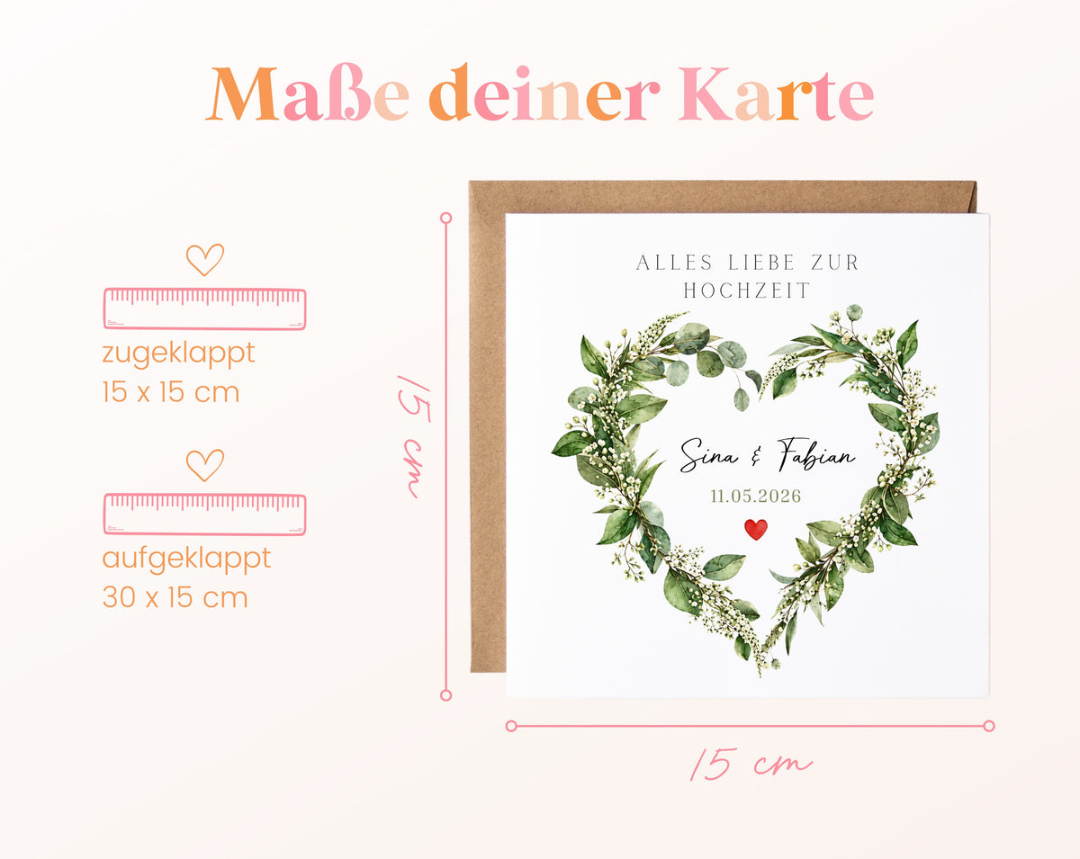 Hochzeitskarte im Format 15 × 15 cm geschlossen und 30 × 15 cm geöffnet