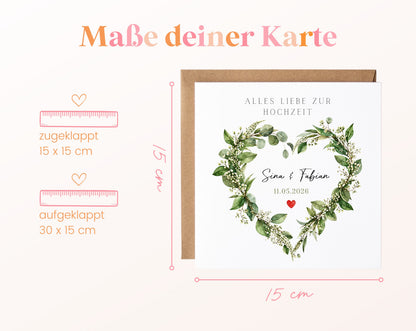 Hochzeitskarte im Format 15 × 15 cm geschlossen und 30 × 15 cm geöffnet