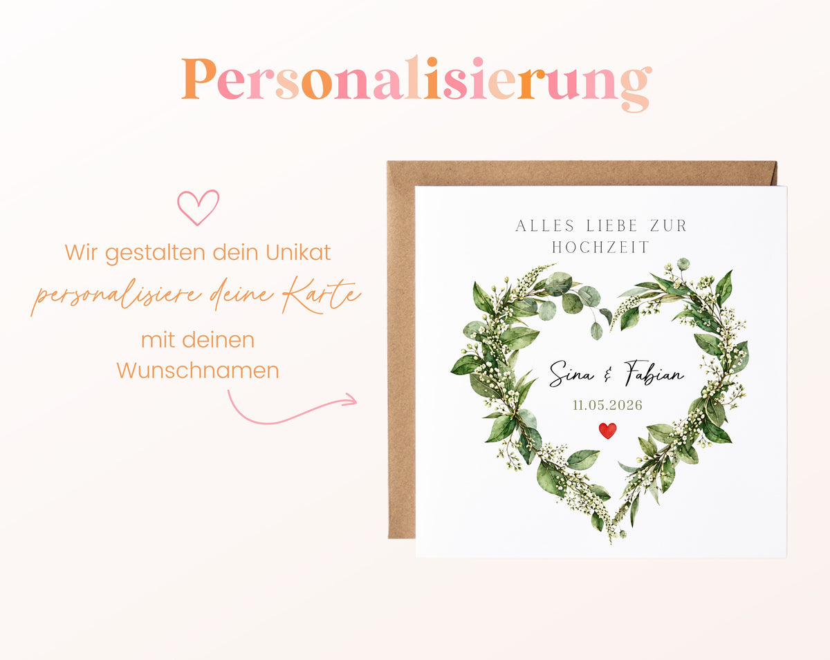 Beispiel der personalisierten Hochzeitskarte mit Sina und Fabian und dem Datum 11.05.2026