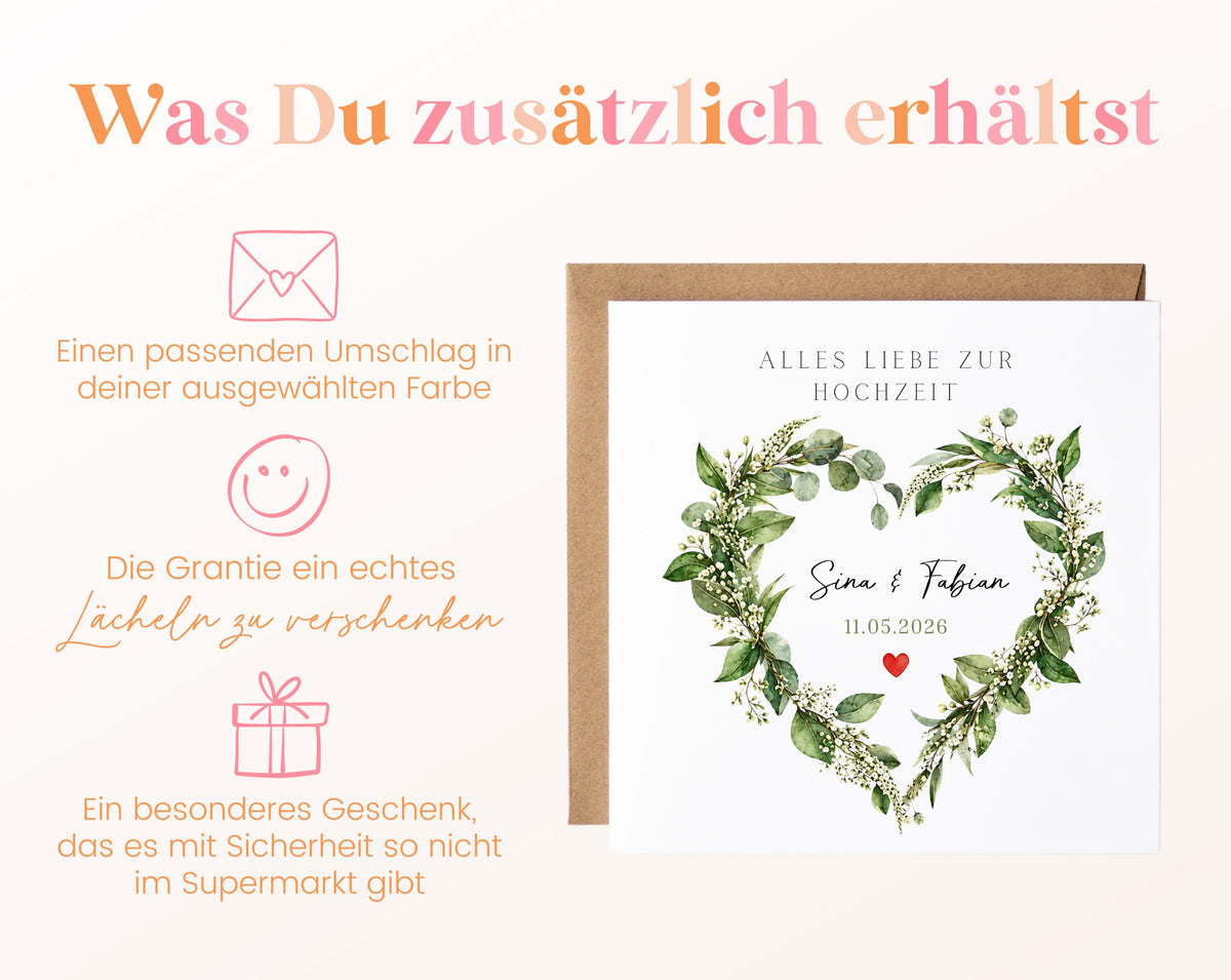Hochzeitskarte mit passendem Umschlag in der gewählten Farbe