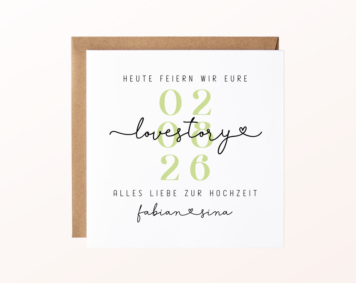 Personalisierte Hochzeitskarte Love Story mit Namen und Datum