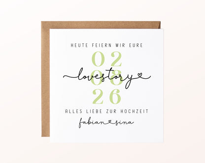 Personalisierte Hochzeitskarte Love Story mit Namen und Datum