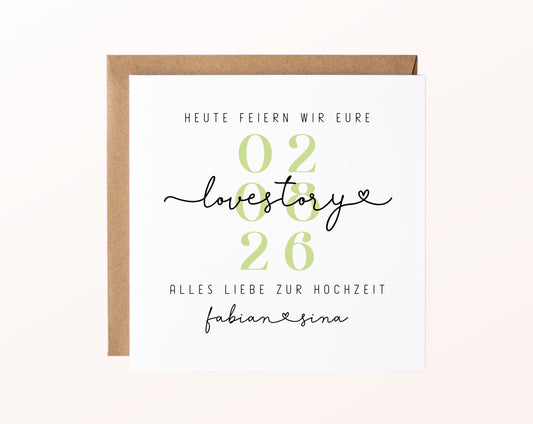 Personalisierte Hochzeitskarte Love Story mit Namen und Datum