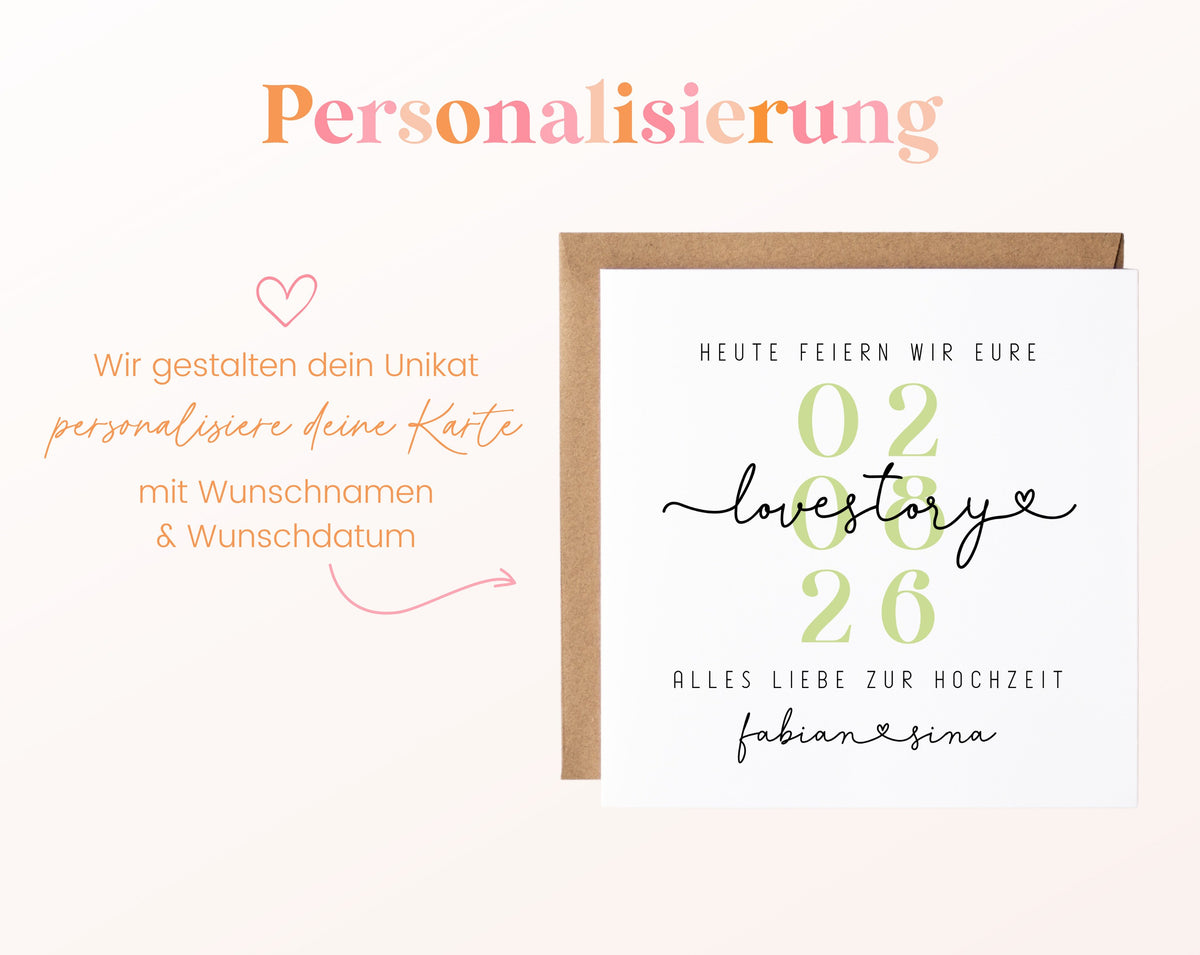 Love-Story-Hochzeitskarte mit Wunschdatum und zwei Namen