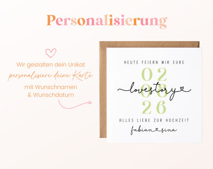 Love-Story-Hochzeitskarte mit Wunschdatum und zwei Namen