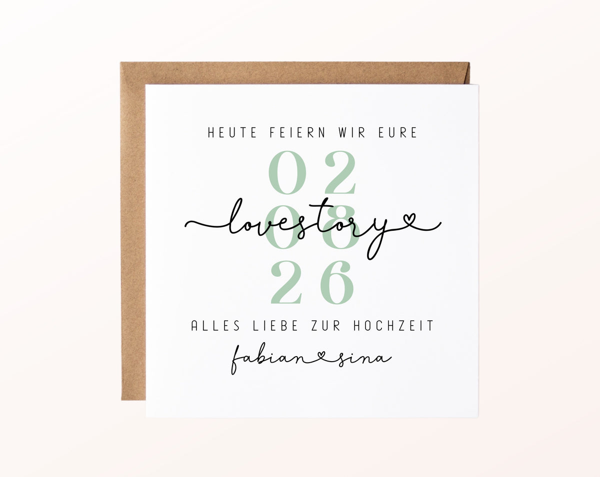 Personalisierte Hochzeitskarte Love Story mit Namen und Datum