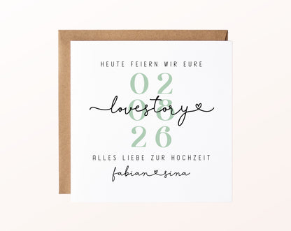 Personalisierte Hochzeitskarte Love Story mit Namen und Datum
