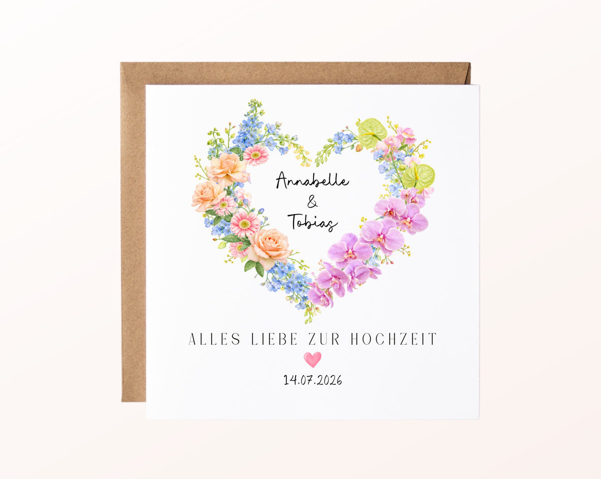 Personalisierte Hochzeitskarte mit Rosen, Orchideen, Namen und Datum