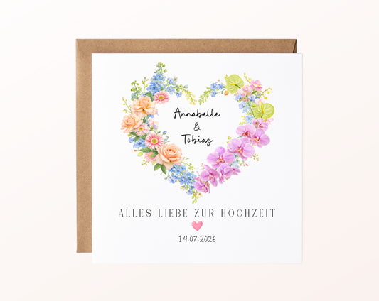Personalisierte Hochzeitskarte mit Rosen, Orchideen, Namen und Datum