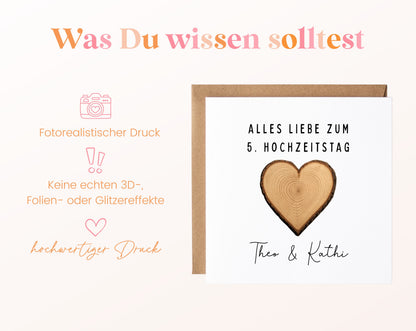 Holzherz-Karte zum 5. Hochzeitstag – Druckhinweise