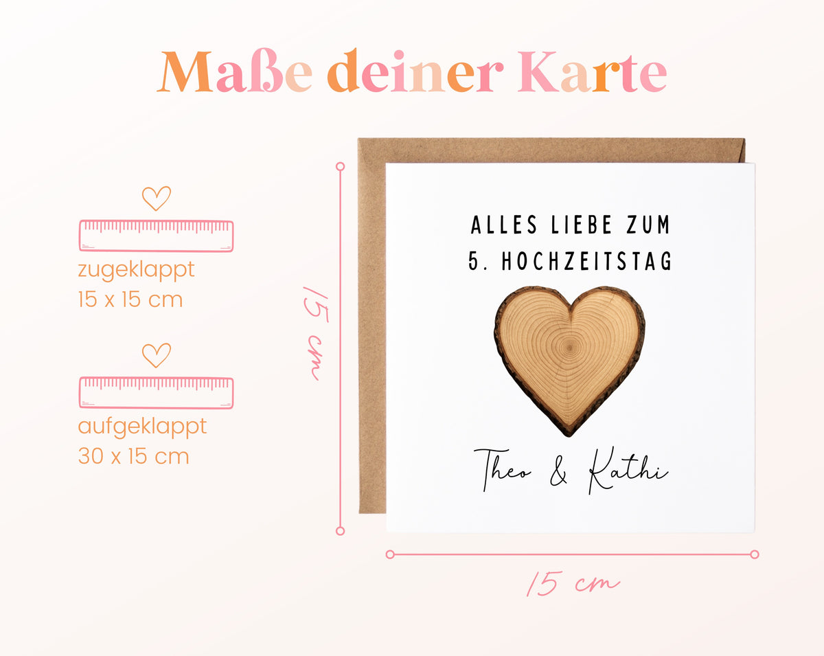 Holzherz-Karte zum 5. Hochzeitstag – Maße