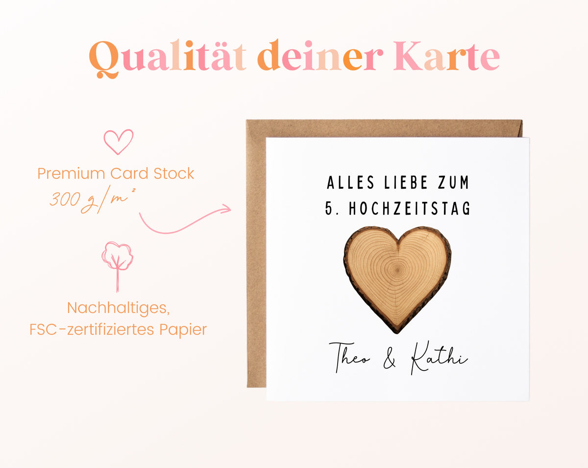 Holzherz-Karte zum 5. Hochzeitstag – Qualitätsangaben