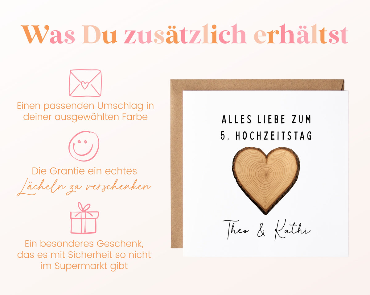Holzherz-Karte zum 5. Hochzeitstag – Lieferumfang