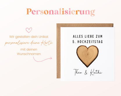 Holzherz-Karte zum 5. Hochzeitstag – Personalisierung mit Beispielnamen