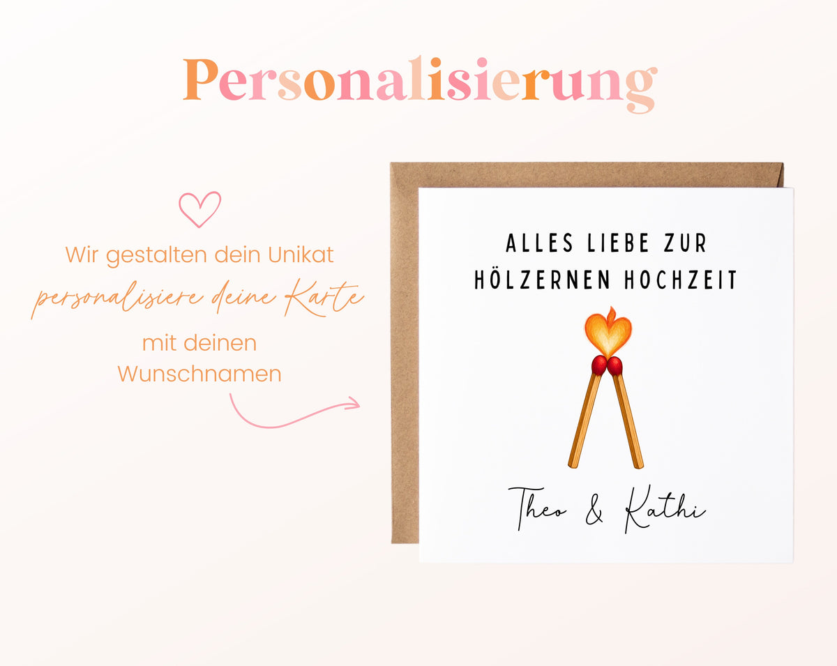 Streichhölzer-Karte zum 5. Hochzeitstag – Personalisierung mit Beispielnamen