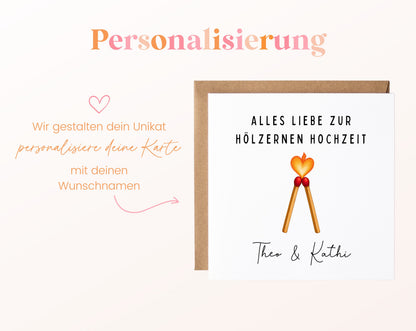Streichhölzer-Karte zum 5. Hochzeitstag – Personalisierung mit Beispielnamen
