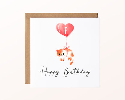 Geburtstagskarte Katze mit Herzballon – Vorderseite mit Beispielinitiale