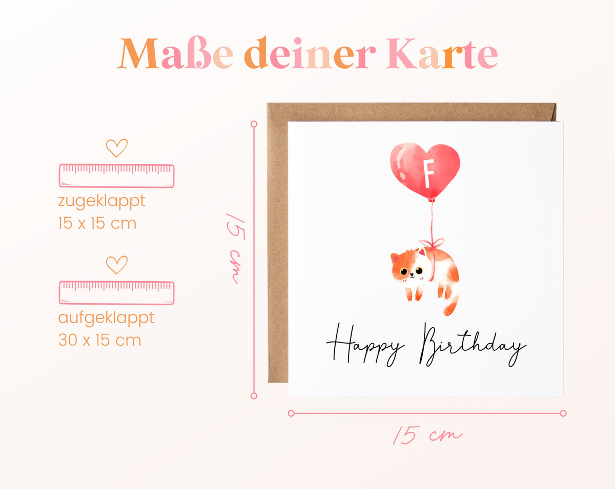 Geburtstagskarte Katze mit Herzballon – Maße der Klappkarte