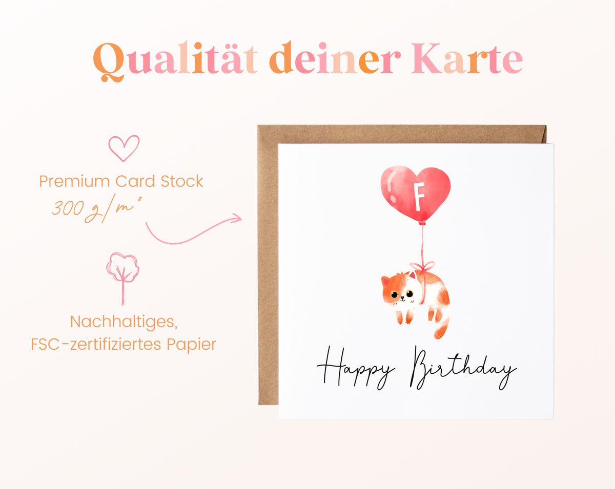 Geburtstagskarte Katze mit Herzballon – Papierqualität 300 g/m²