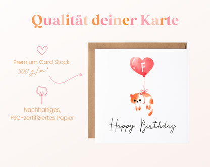 Geburtstagskarte Katze mit Herzballon – Papierqualität 300 g/m²