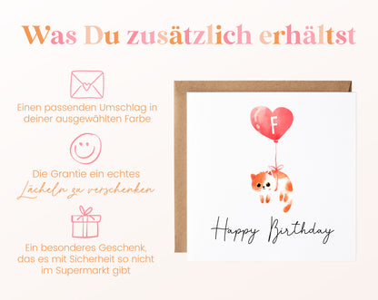 Geburtstagskarte Katze mit Herzballon – Umschlag und Lieferumfang