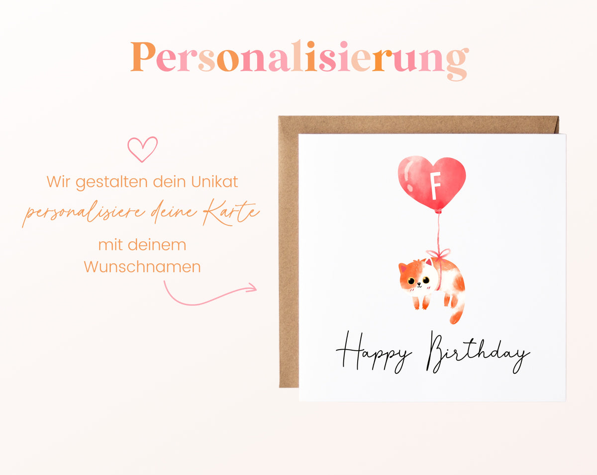 Geburtstagskarte Katze mit Herzballon – Personalisierung mit Initialen