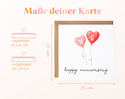 Jahrestagskarte mit zwei Herzballons – Maße der Klappkarte