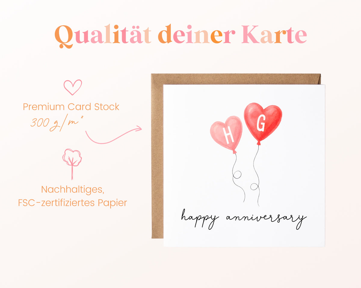 Jahrestagskarte mit zwei Herzballons – Papierqualität 300 g/m²