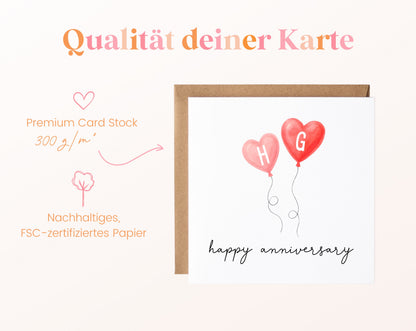 Jahrestagskarte mit zwei Herzballons – Papierqualität 300 g/m²